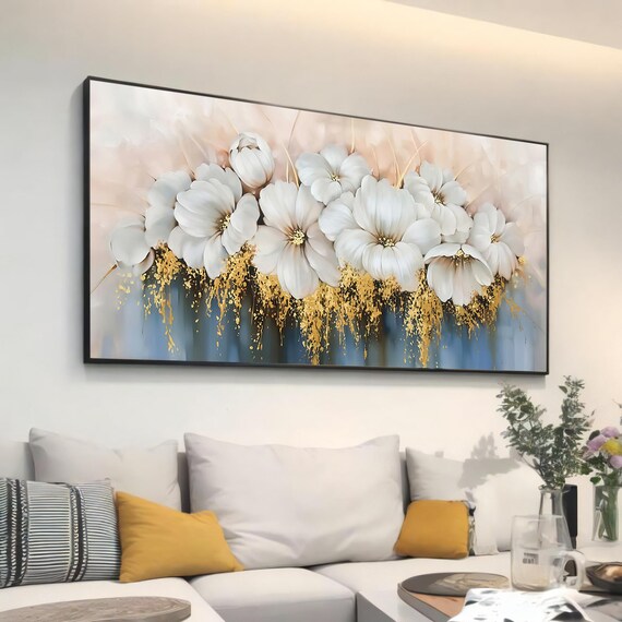 Elegant White Flower Wall Art With Gold Accents Luxury Modern Home Decor