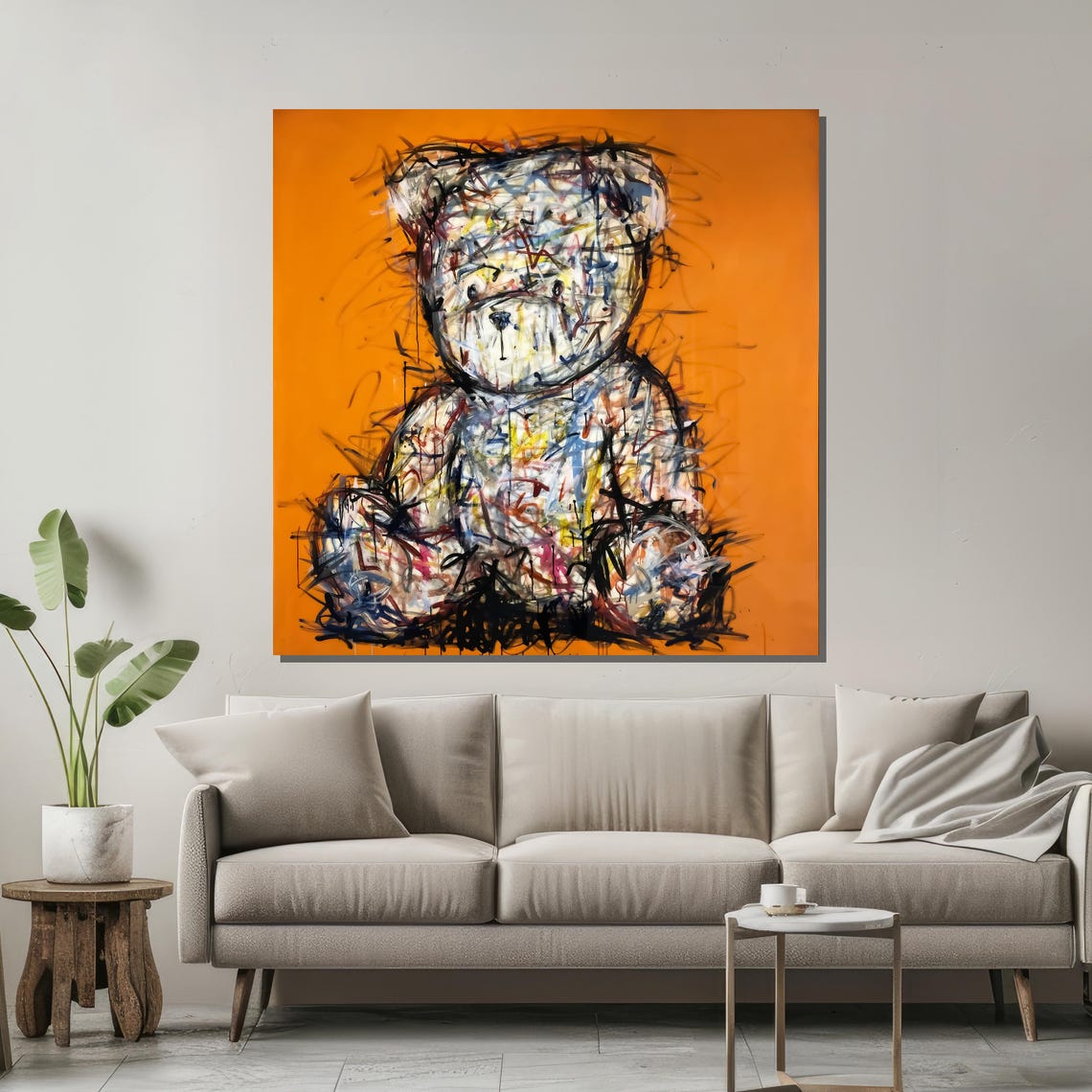 Sketchy Scribble Teddy Bear on a Bold Bright Orange Background Poster - Image 2