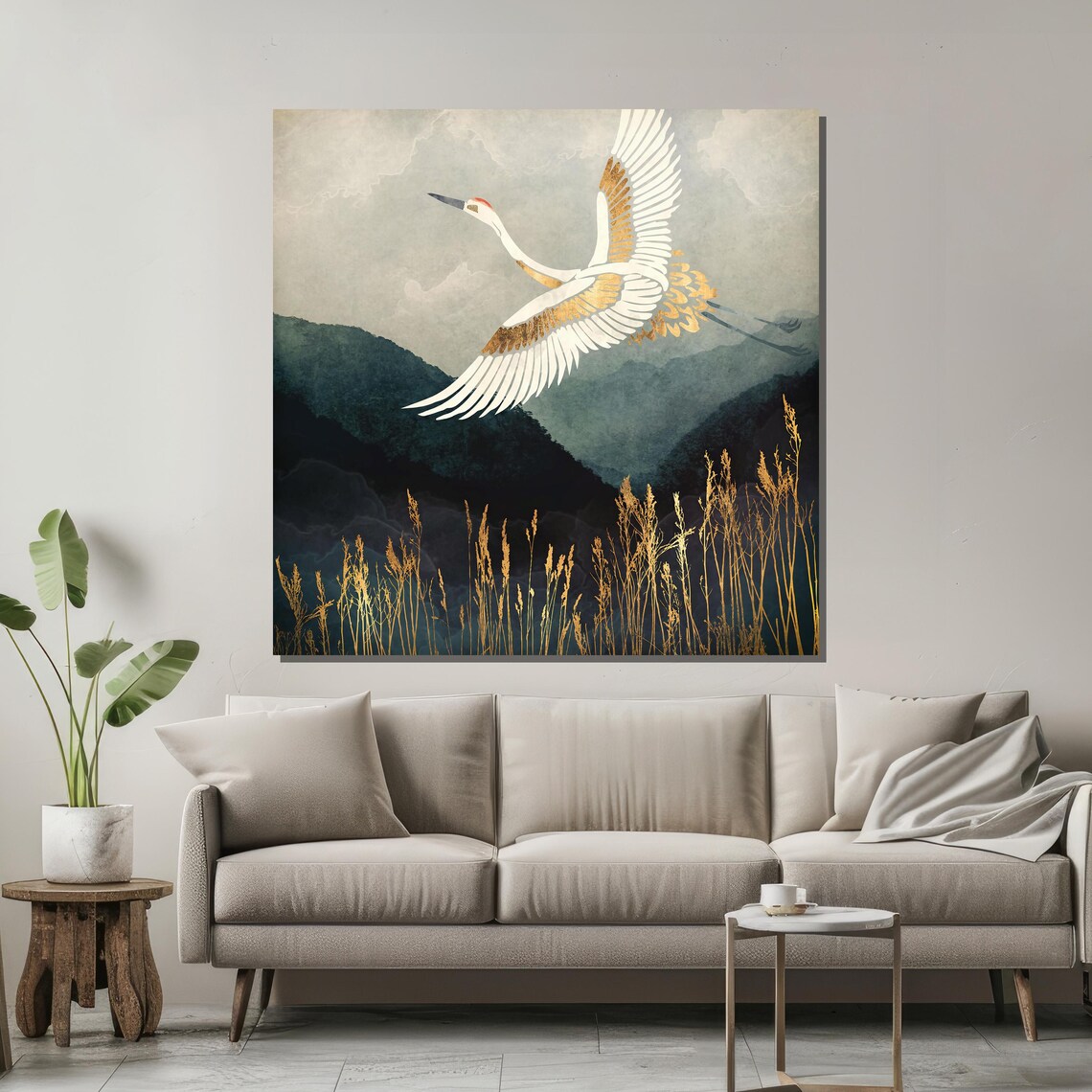 Majestic Crane in Flight Over Misty Mountains Poster for Zen Decor - Image 2