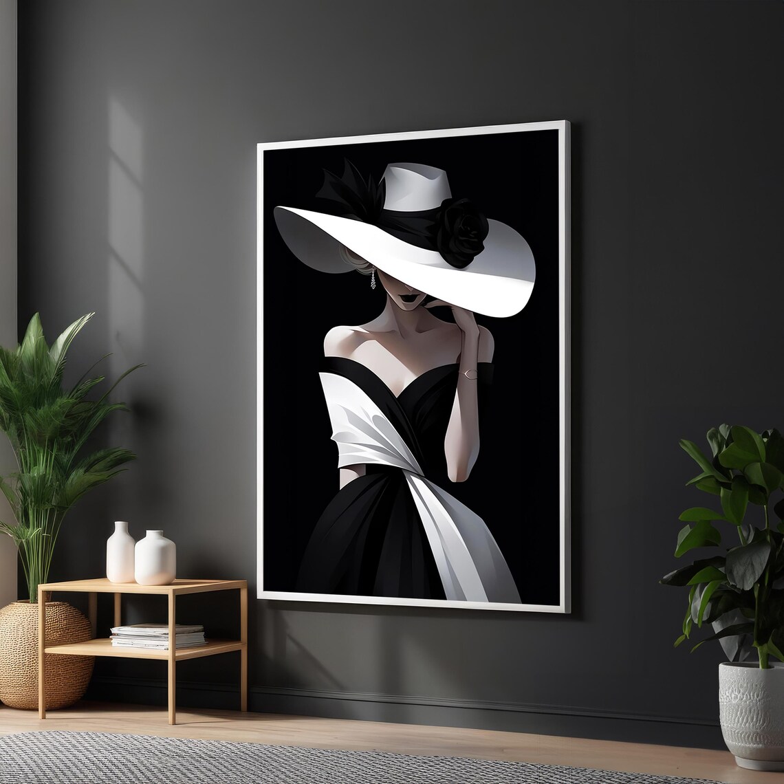 Chic Black And White Lady In Elegant Wide Brim Hat Fashion Poster