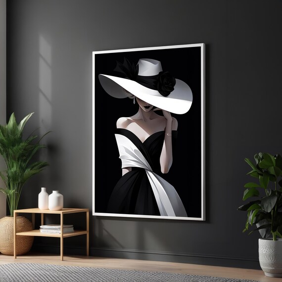 Chic Black And White Lady In Elegant Wide Brim Hat Fashion Poster