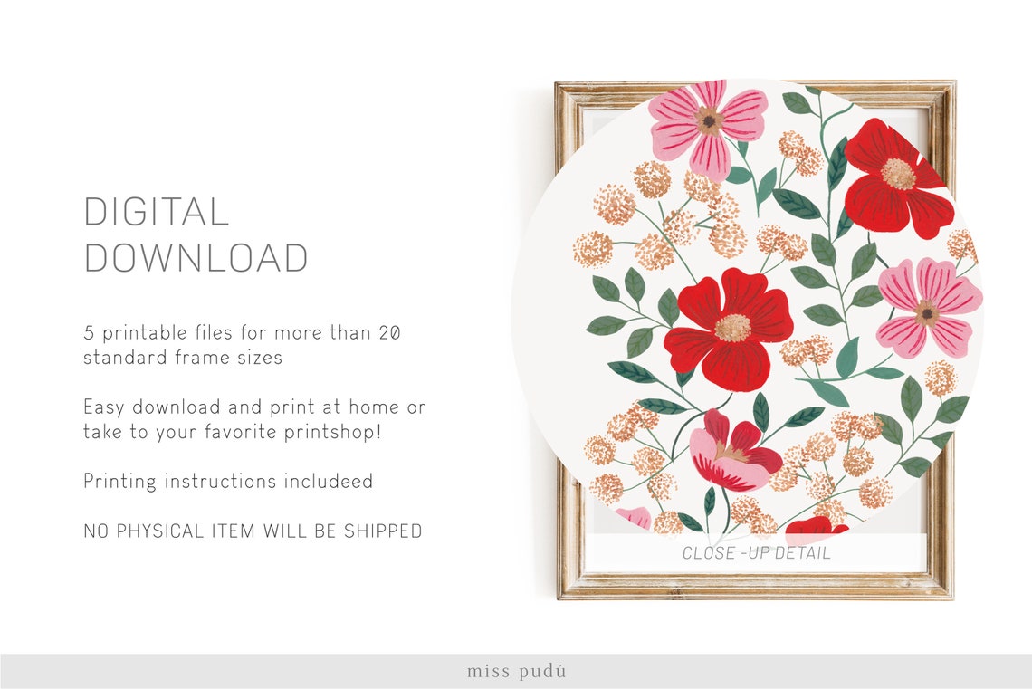Red Pink Wildflower Bouquet Botanical Illustration Poster for Wall - Image 2