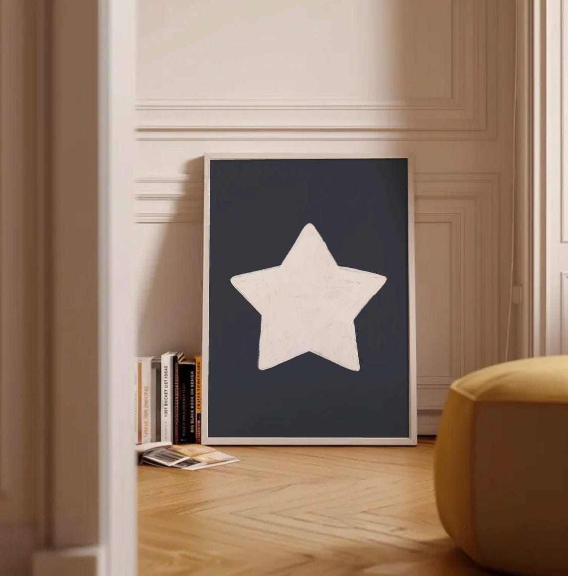 Hand Drawn White Star Navy Minimalist Kids Room Nursery Art Poster