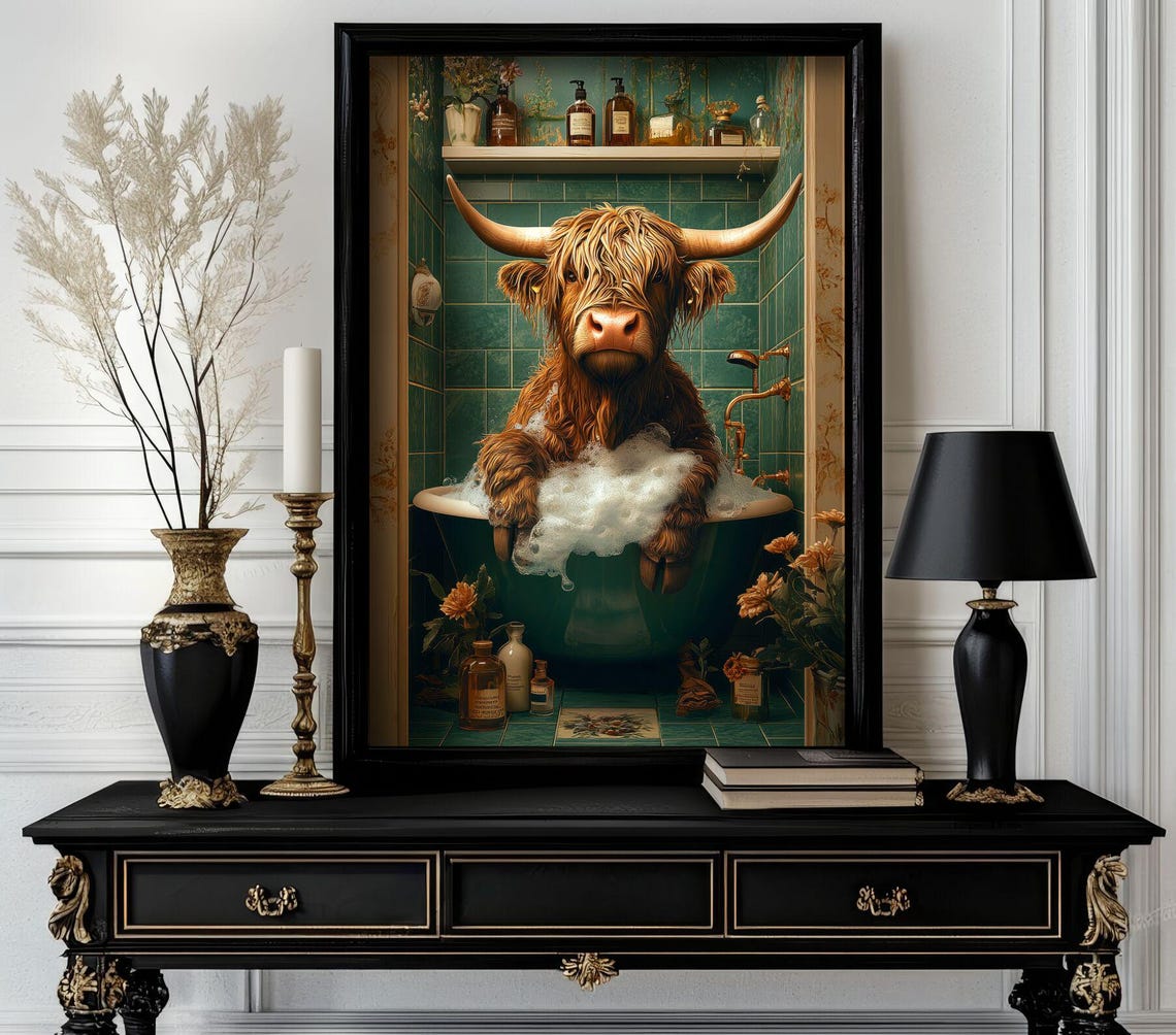 Highland Cow Relaxing in Bubble Bath Apothecary Bathroom Funny Poster