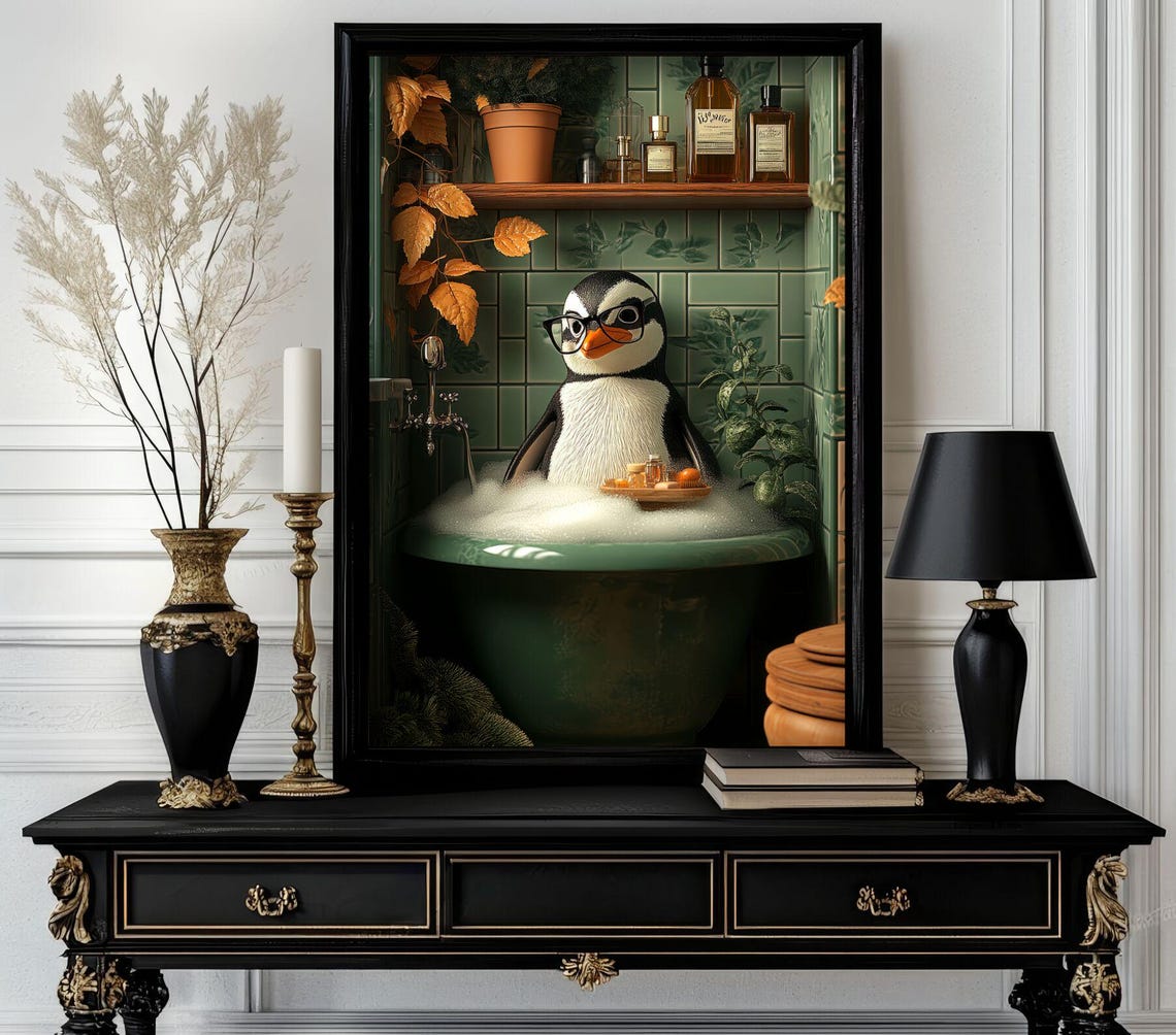 Bubble Bath Penguin in Black Glasses Vintage Bathroom Poster