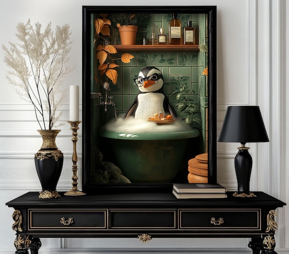 Funny Bathroom Penguin Poster Animal On Toilet Wall Art Gag Gift For Guest Quirky Decor White Elephant 59