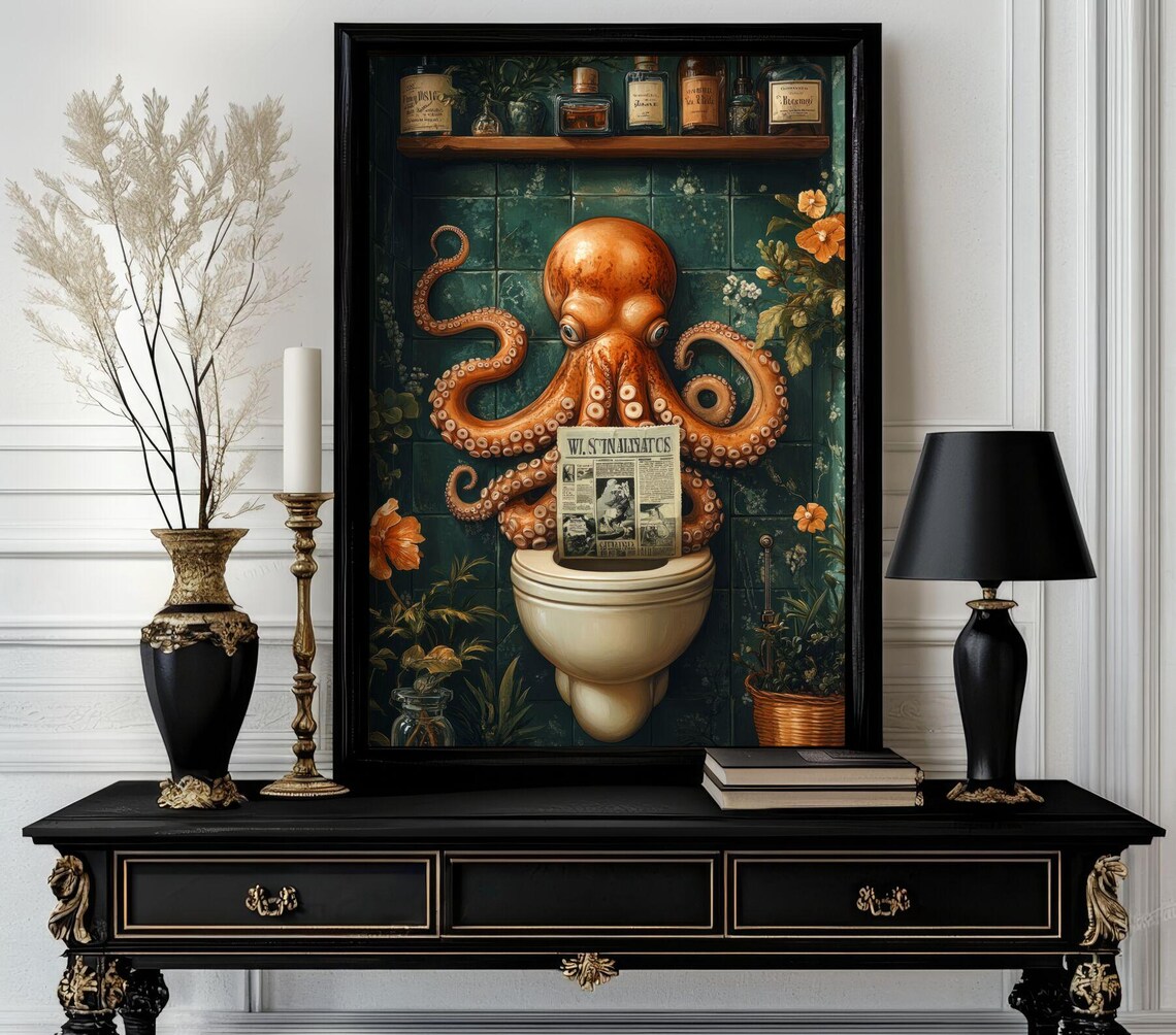Funny Octopus Reading Newspaper on Toilet Bathroom Humor Poster