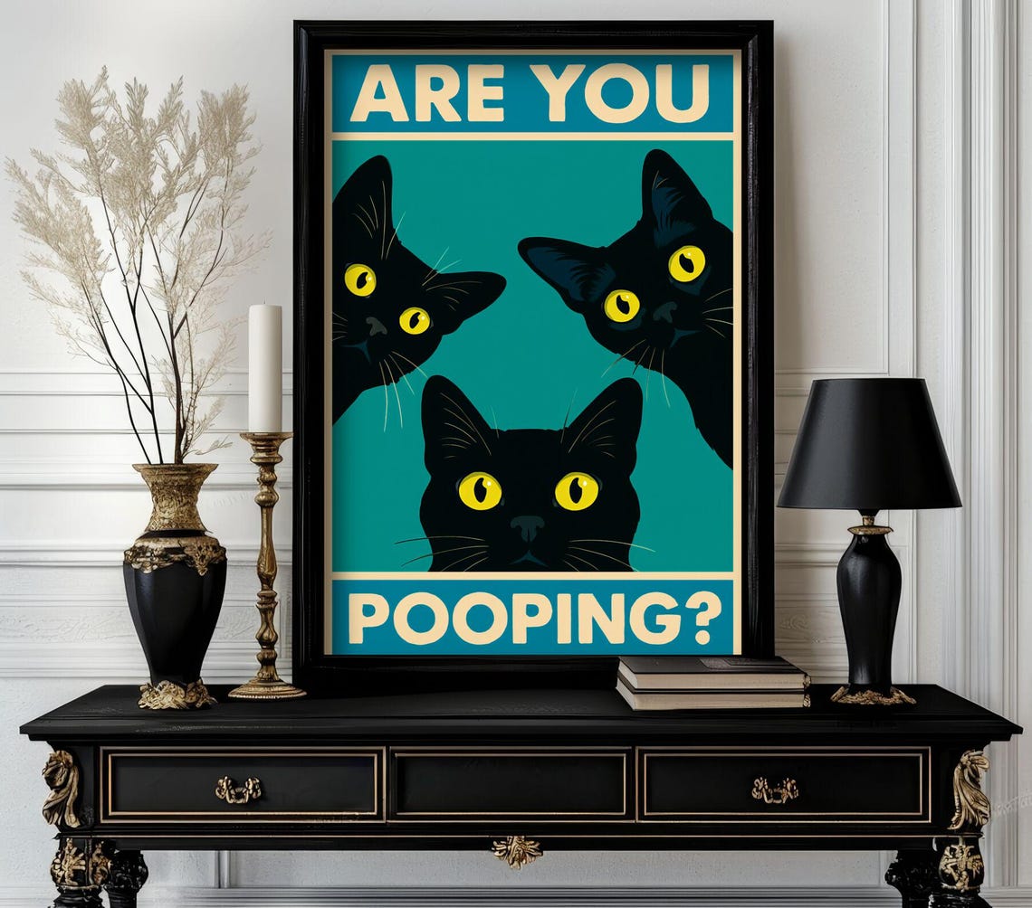 Are You Pooping Funny Black Cat Retro Bathroom Humor Wall Art