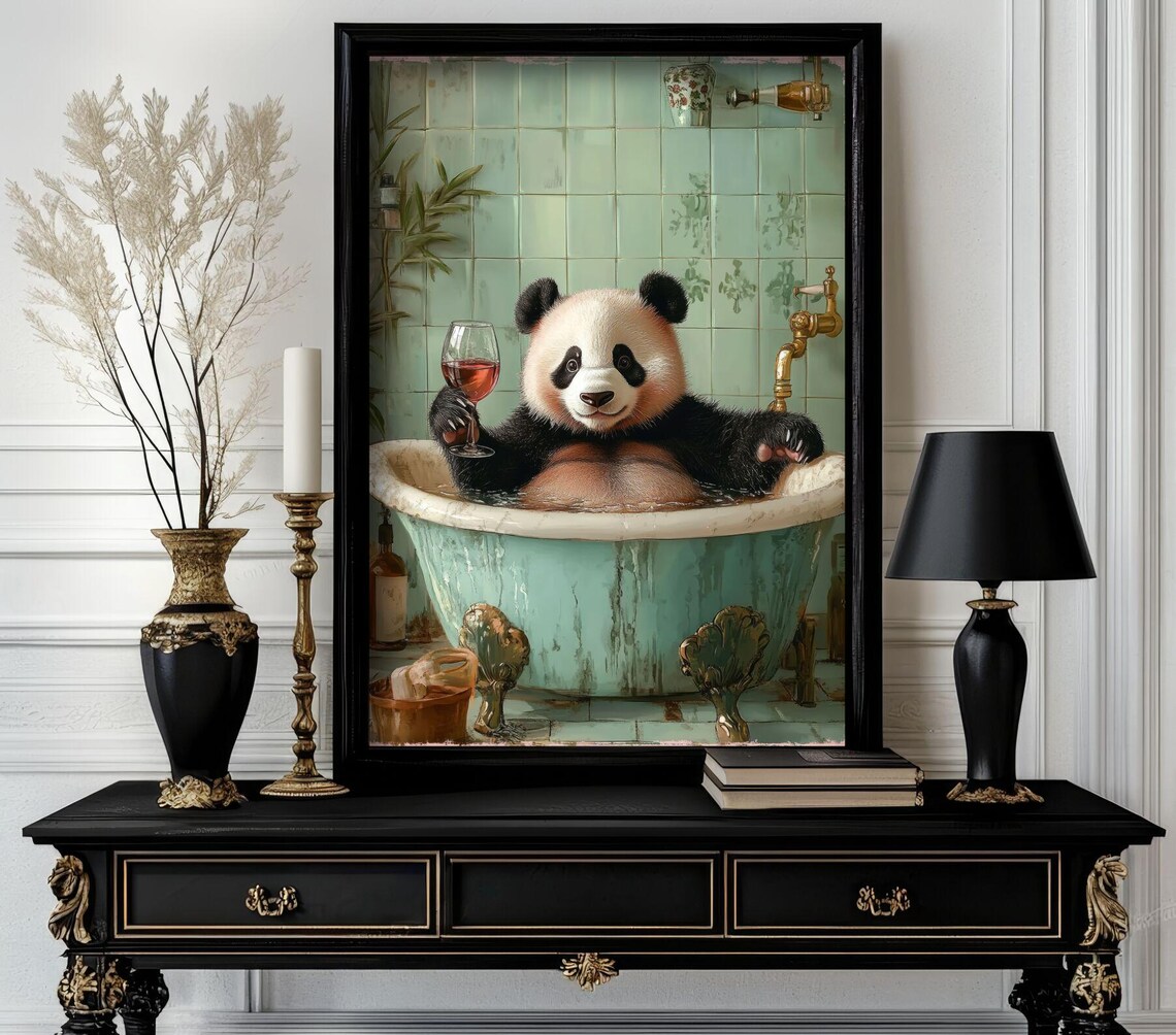 Funny Panda Drinking Wine in a Vintage Clawfoot Bathtub Poster