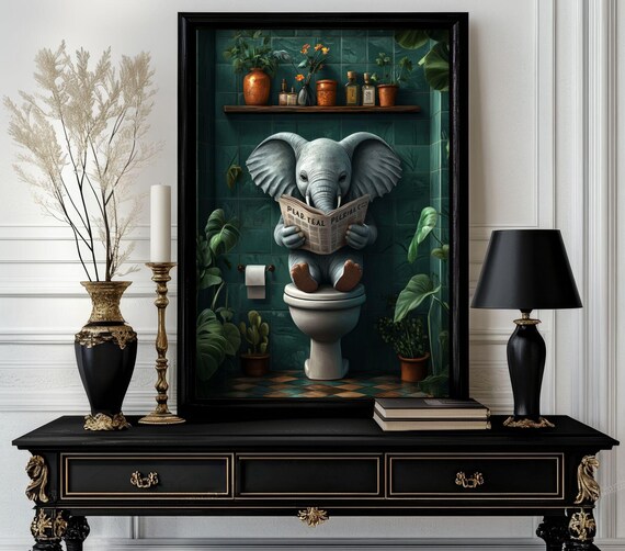 Funny Bathroom Elephant Poster Animal On Toilet Wall Art Gag Gift For Guest Quirky Decor White 224