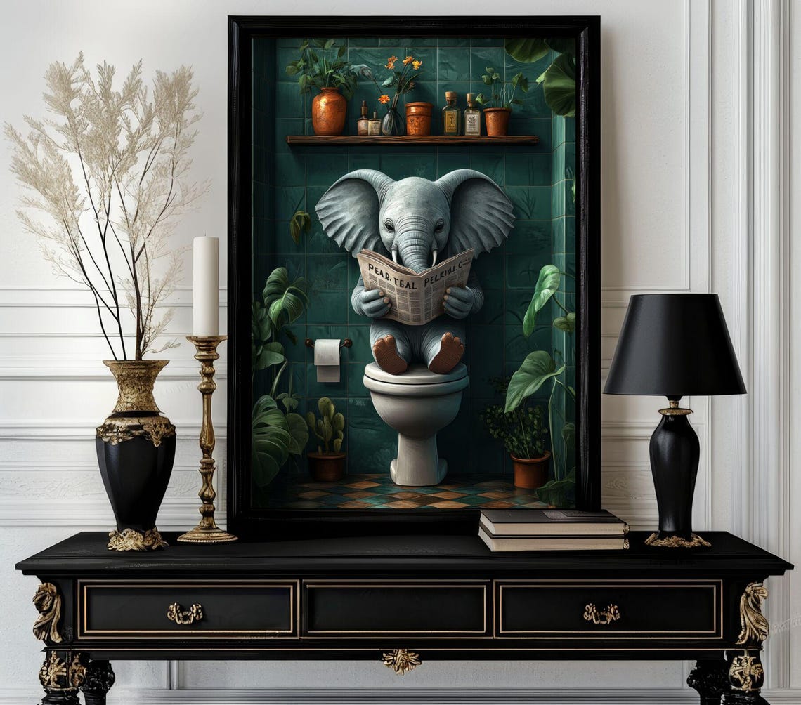 Elephant Reading Newspaper on Toilet Humorous Bathroom Wall Poster