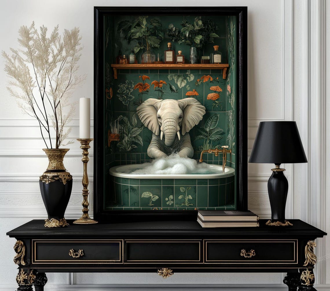 Baby Elephant in Bubble Bath With Floral Green Tile Animal Poster