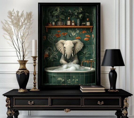 Funny Bathroom Elephant Poster Animal On Toilet Wall Art Gag Gift For Guest Quirky Decor White 239