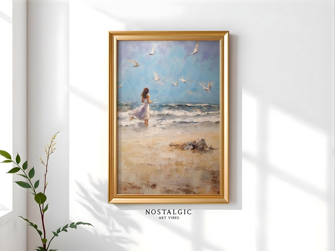 Beach Scene Painting, Abstract Ocean Coastal Decor