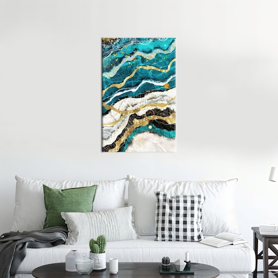 Blue Gold Marble Geode Abstract Ocean Wave Modern Luxury Wall Art