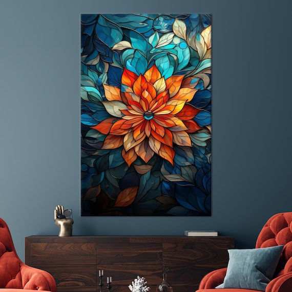 Stained Glass Dahlia Flower Vibrant Orange Botanical Mosaic Art Poster