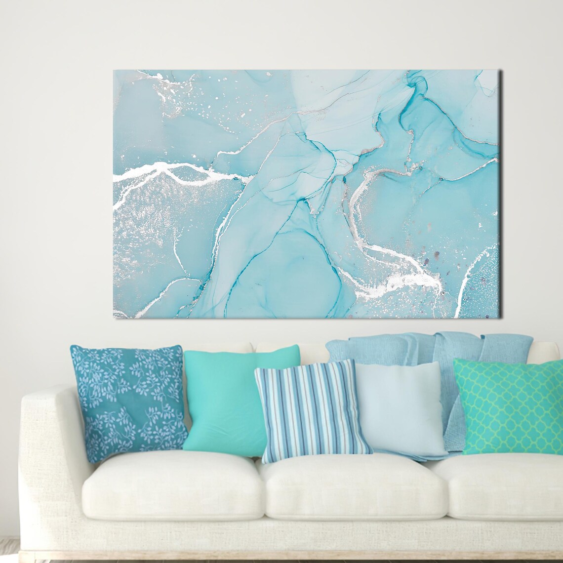 Turquoise Marble Abstract Blue Swirl Modern Living Room Wall Art