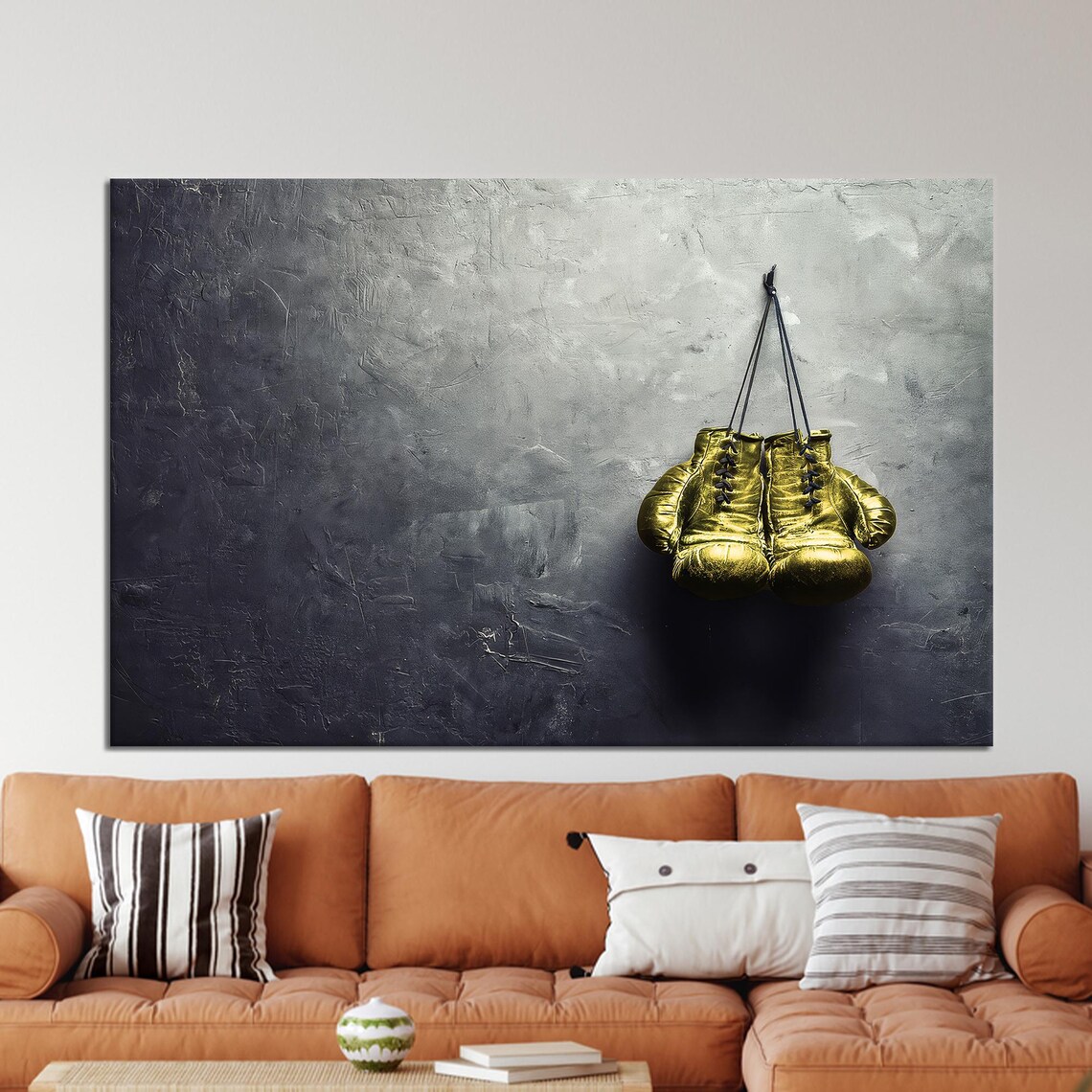 Golden Boxing Gloves Hanging In The Dark Man Cave Sports Print