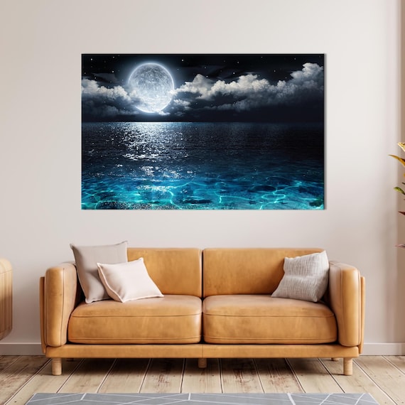 Full Moon Over Sea Canvas Art Coastal Landscape Decor
