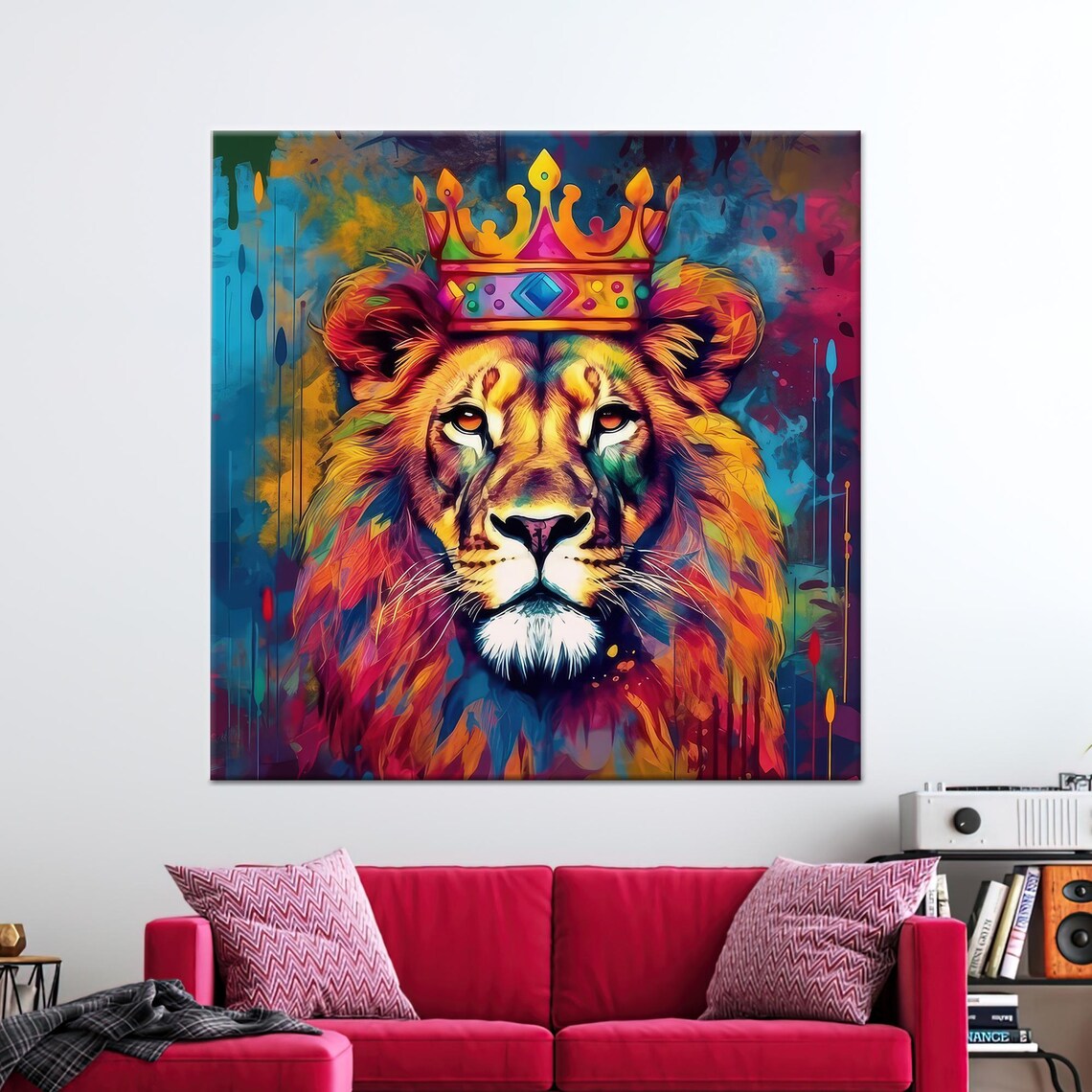 Crowned Lion Colorful Pop Art King Portrait Vibrant Animal Poster