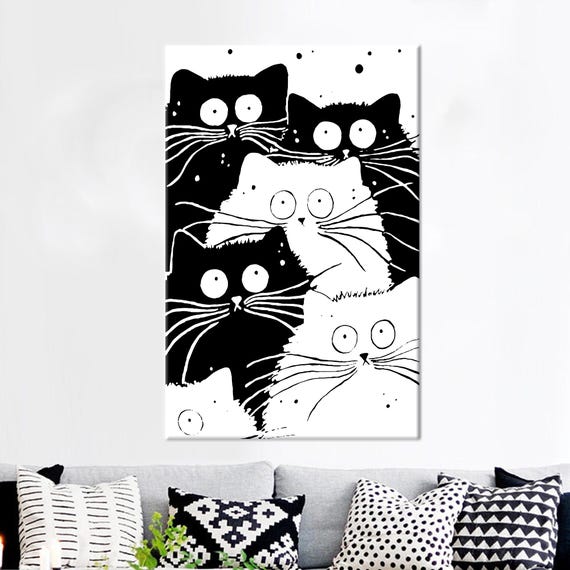 Quirky Black And White Cats Illustration Playful Feline Friends Poster