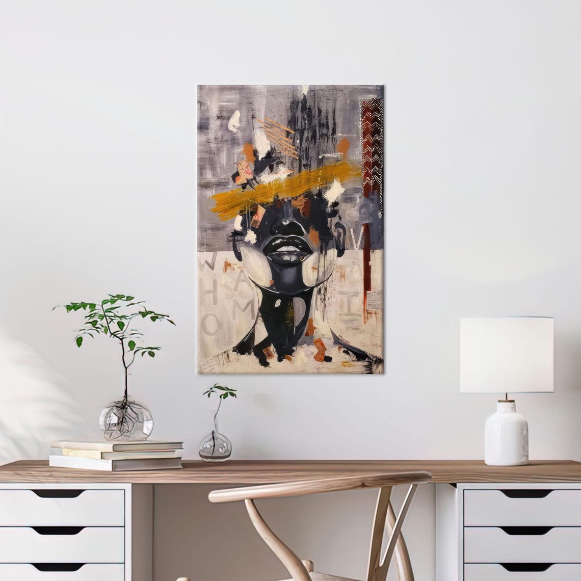 Abstract Woman Face Mixed Media Ochre Portrait Modern Art Poster