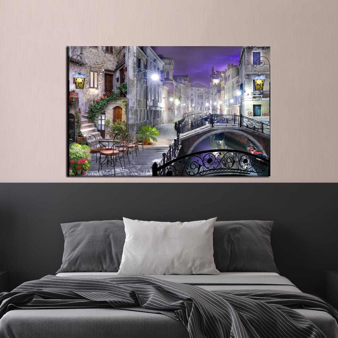 Venice Italy Night Canal Gondola Arched Bridge Moonlit Wall Art