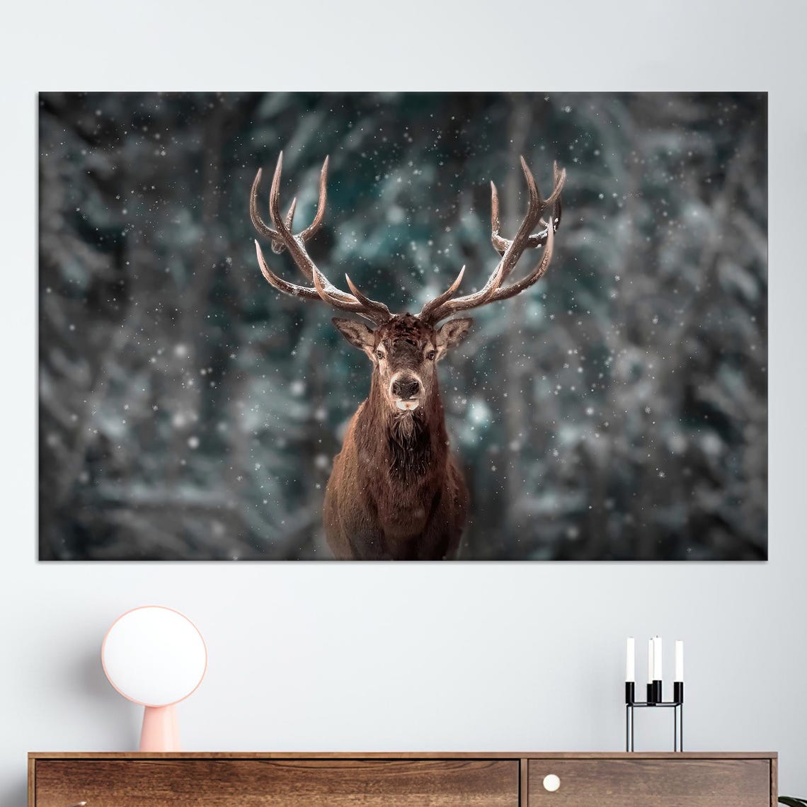 Majestic Red Deer Stag in Falling Snow Winter Forest Photo Poster
