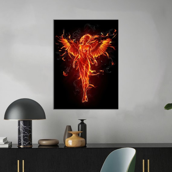 Fire Angel Woman With Flaming Wings On Black Dramatic Art Print