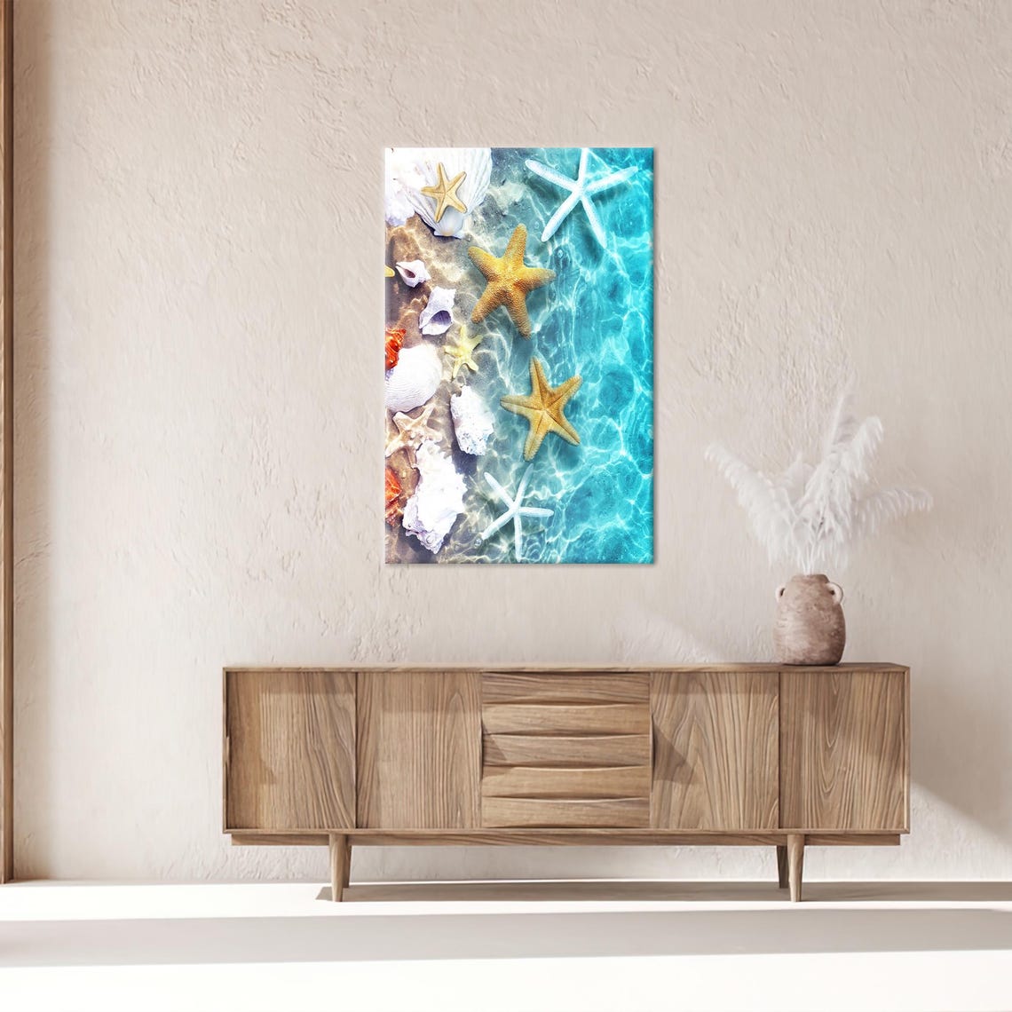Coastal Aerial Starfish Seashells Turquoise Ocean Canvas Wall Art