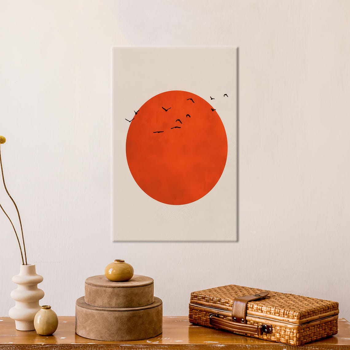 Modern Canvas Poster Japanese Wall Hangings Trendy Decor Blood Moon And Birds Hanging Gift For Him Baby Personalized