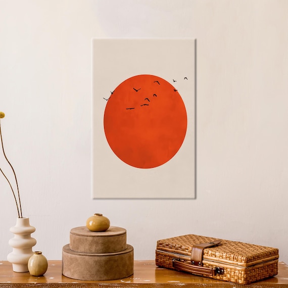 Modern Canvas Poster Japanese Wall Hangings Trendy Decor Blood Moon And Birds Hanging Gift For Him Baby Personalized