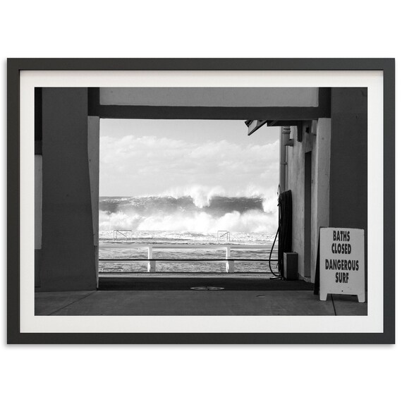 Fine Art Photography Surf Print Black And White Big Waves Ocean Bath Vintage Framed Beach Home Wall Decor