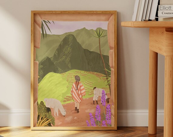 Machu Picchu Peru Travel Poster, Woman and Llamas