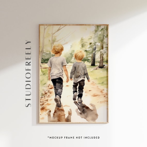Two Brothers Walking Forest Path Watercolor Family Art Print