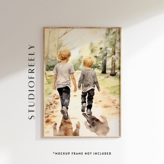 Watercolor Portrait Instant Two Brothers Hiking Brotherly Love Blonde Bonding File
