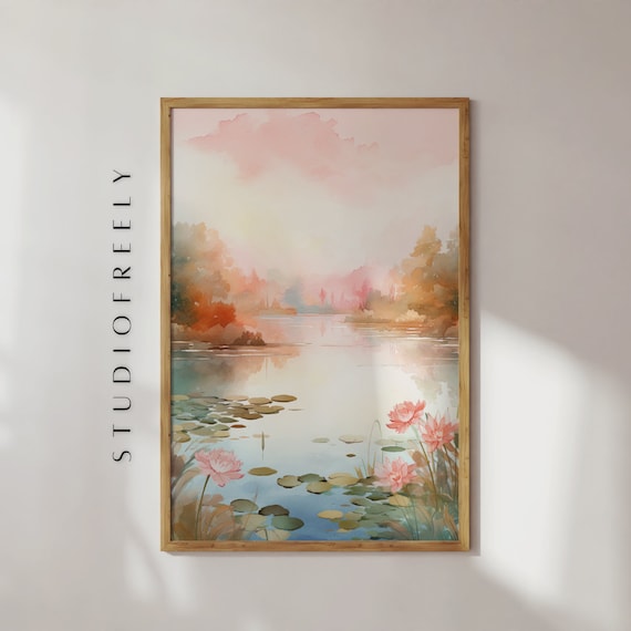 Water Lily Pond with Pink Flowers Pastel Watercolor Painting Poster
