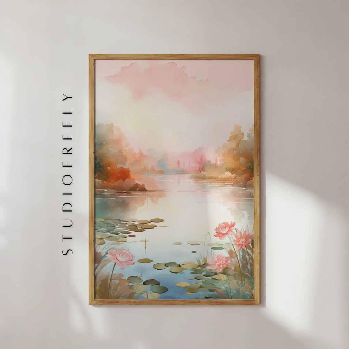 Water Lily Pond Watercolor Art Print Pastel Lake Landscape