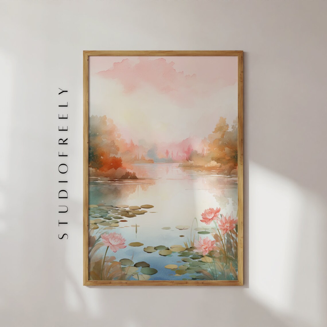 Water Lily Pond with Pink Flowers Pastel Watercolor Painting Poster