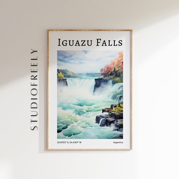 Iguaza Falls Argentina Scenic Travel Instant Retro Destination Watercolor Illustration With Coordinates