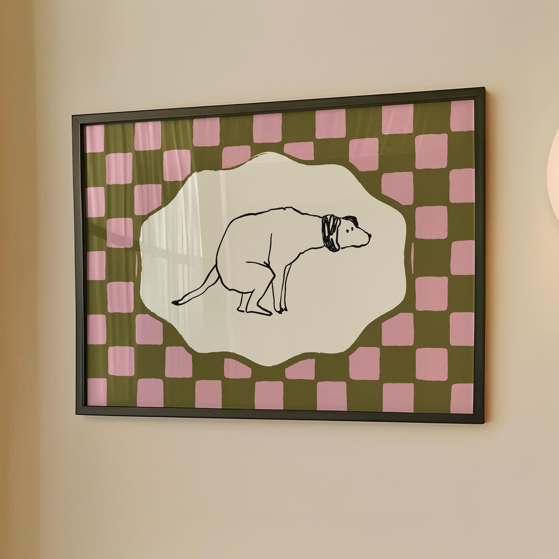 Funny Pooping Dog Line Drawing Poster Checkered Bath Humor Wall Decor Gift