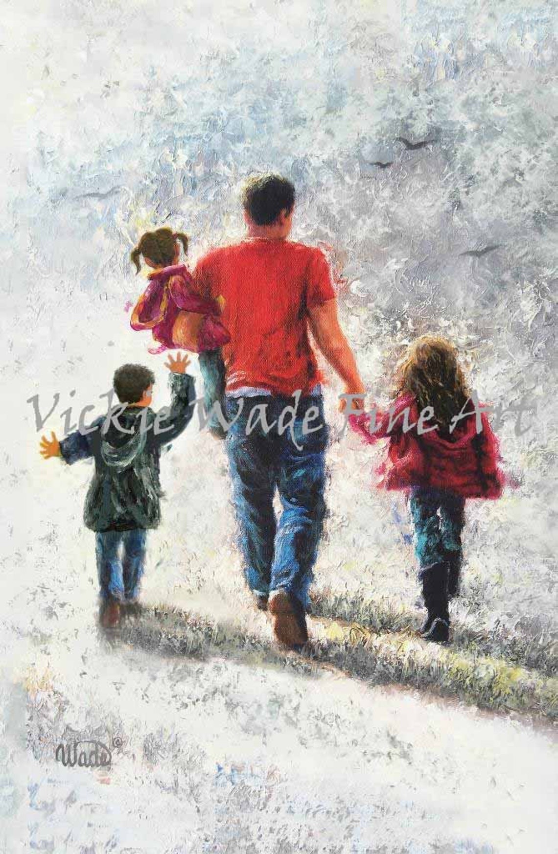 Father Walking with His Three Children and Holding Their Hands Poster