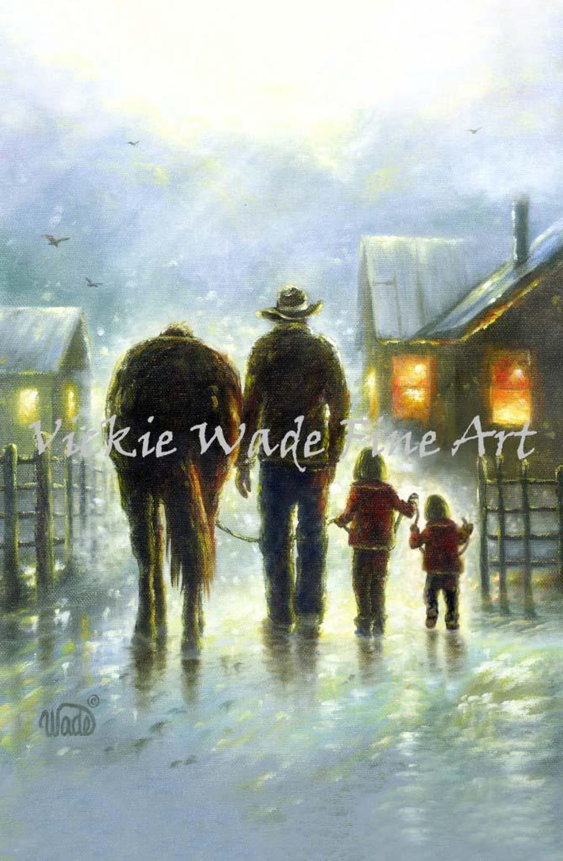 Cowboy Father With Two Daughters Snowy Night Farm Painting Art Poster
