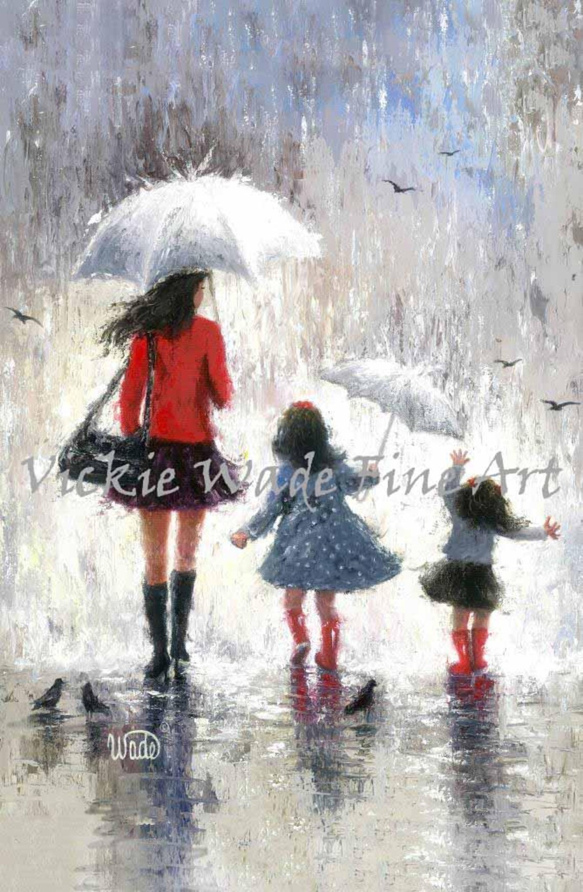Mother and Two Daughters Walking in the Sparkling City Rain Poster