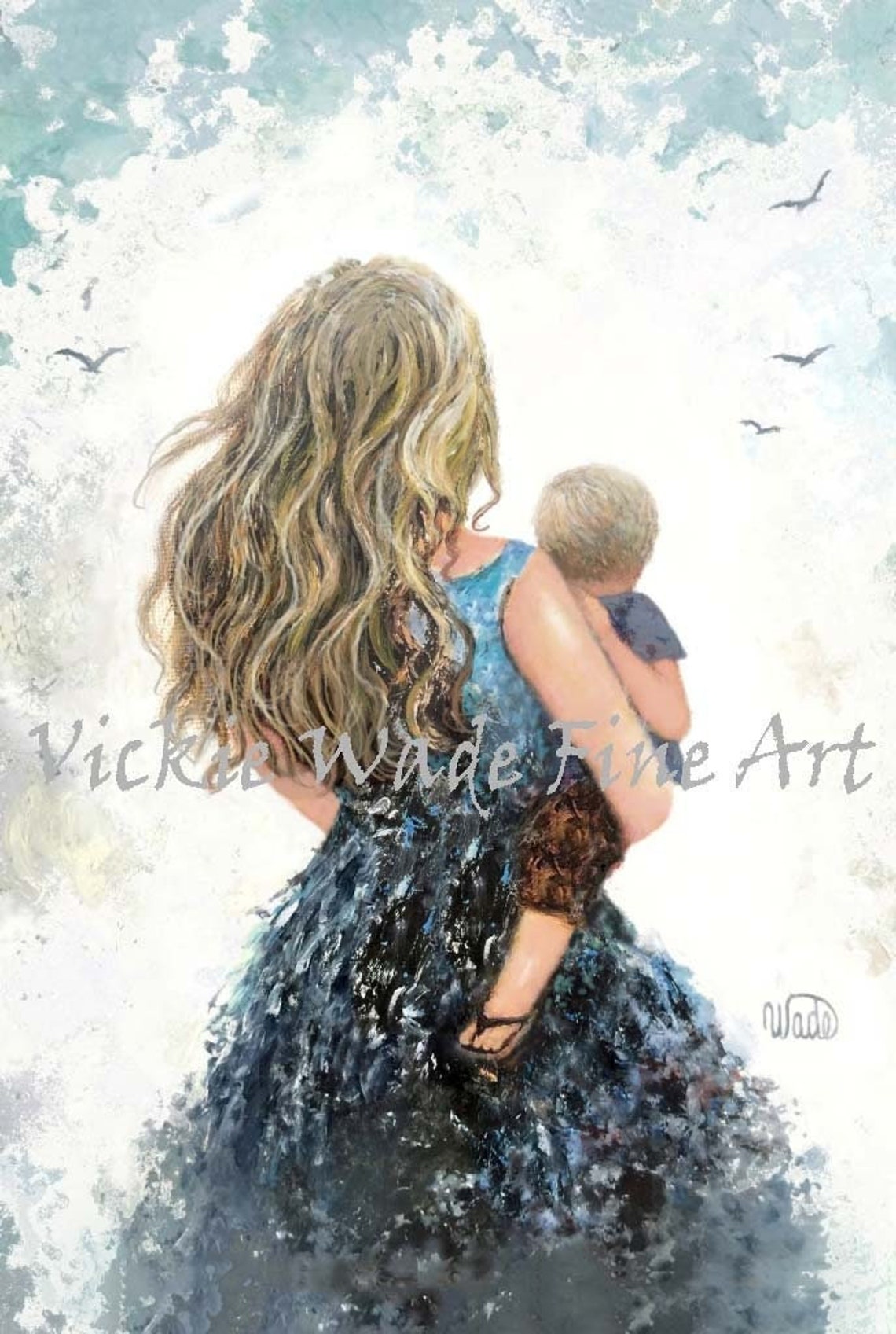 Mother And Baby Son Art Print Mother Carrying Baby Boy Blonde Mom And Son Blondes Mum Blue Nursery Mommy Art Vickie Wade Art