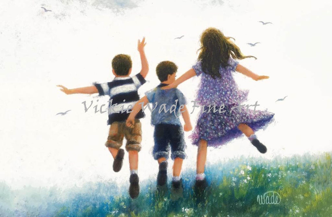 Two Boys and Their Sister Leaping Joyfully in a Green Meadow Poster