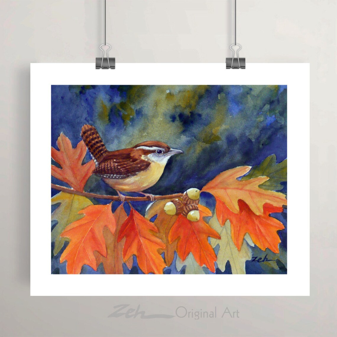 Carolina Wren Perched Autumn Oak Leaves Acorns Watercolor Bird Poster