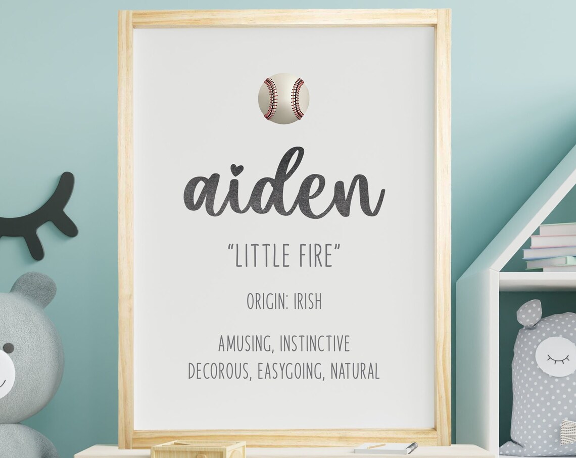 Aiden Name Meaning Little Fire Irish Origin Baby Boy Nursery Wall Art