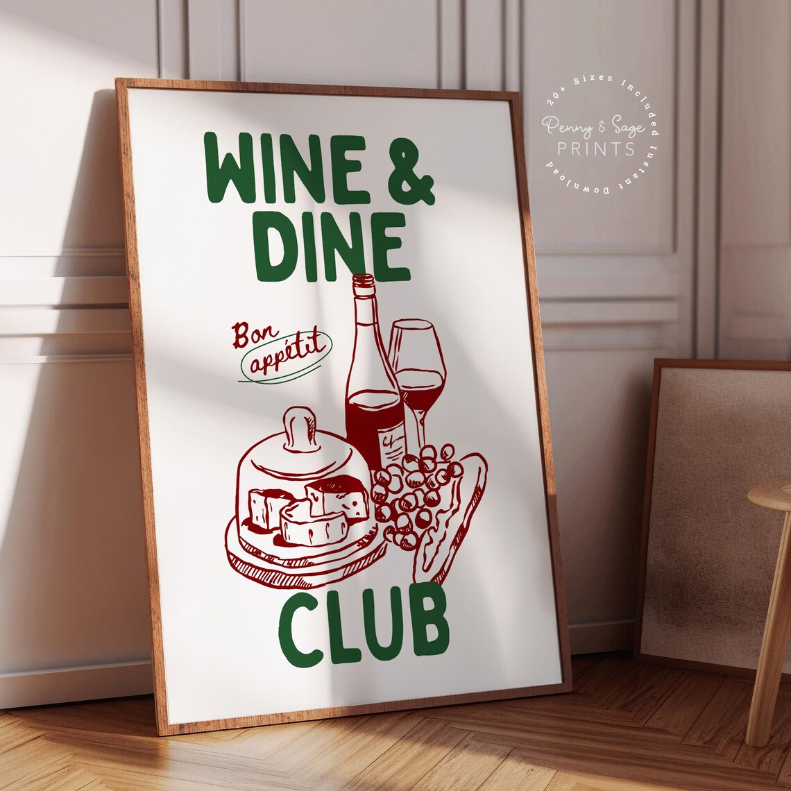 Wine and Dine Club Green Bon Appetit Wine and Cheese Kitchen Wall Art - Image 2