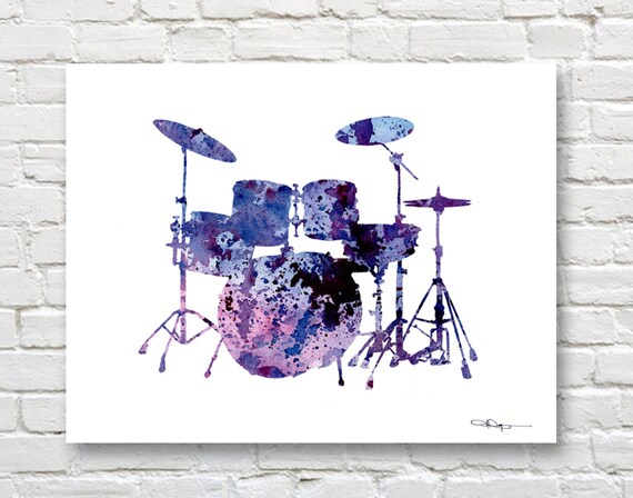 Purple and Blue Watercolor Drum Kit Music Room Decor Art Print